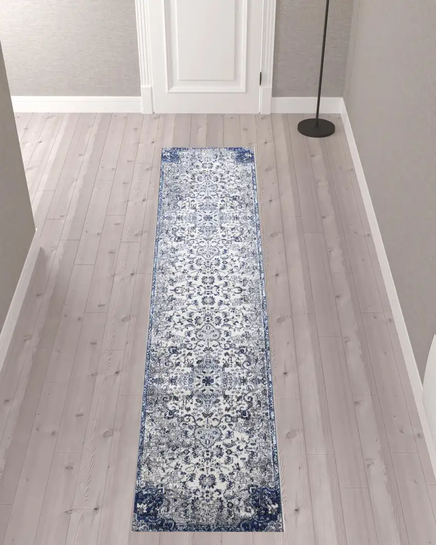 10' Ivory Gray And Blue Floral Power Loom Distressed Stain Resistant Runner Rug Photo 2