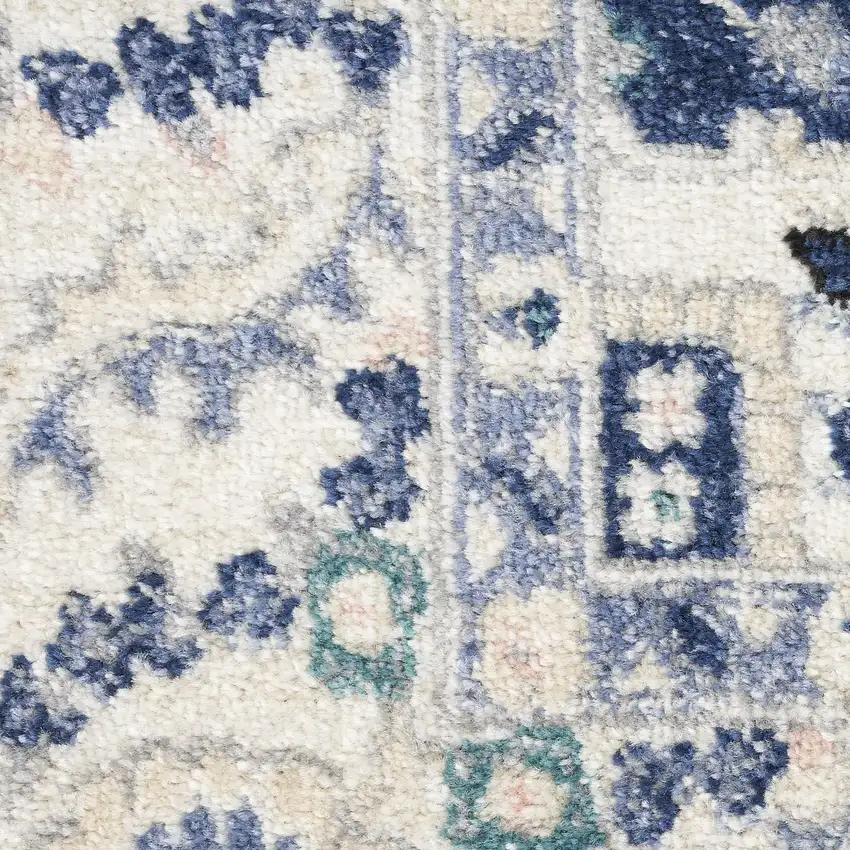10' Ivory Gray And Blue Floral Runner Rug Photo 3