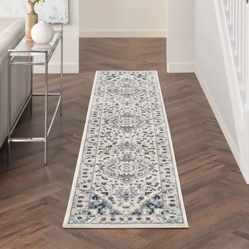 10' Ivory Gray And Blue Floral Runner Rug Photo 5