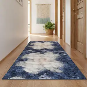 Photo of 10' Ivory Gray And Blue Floral Runner Rug