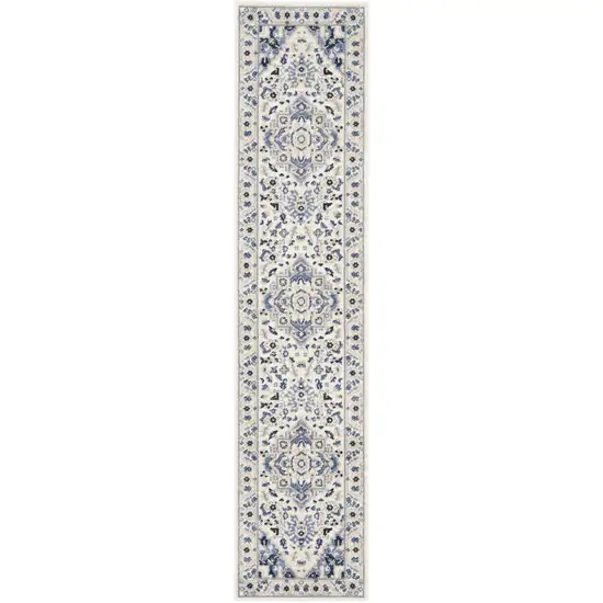 10' Ivory Gray And Blue Floral Runner Rug Photo 7