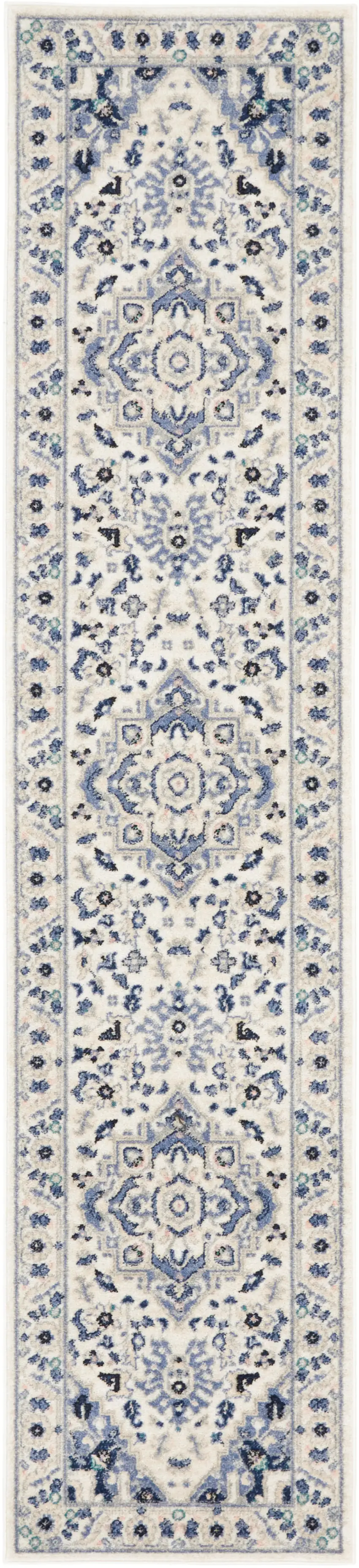 10' Ivory Gray And Blue Floral Runner Rug Photo 7