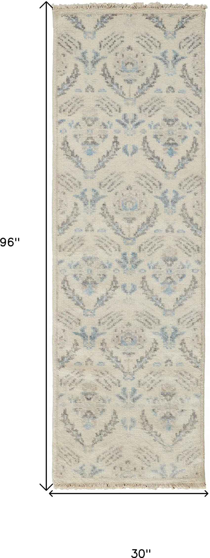 8' Ivory Gray And Blue Wool Floral Hand Knotted Stain Resistant Runner Rug Photo 6