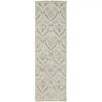 Photo of 8' Ivory Gray And Blue Wool Floral Hand Knotted Stain Resistant Runner Rug