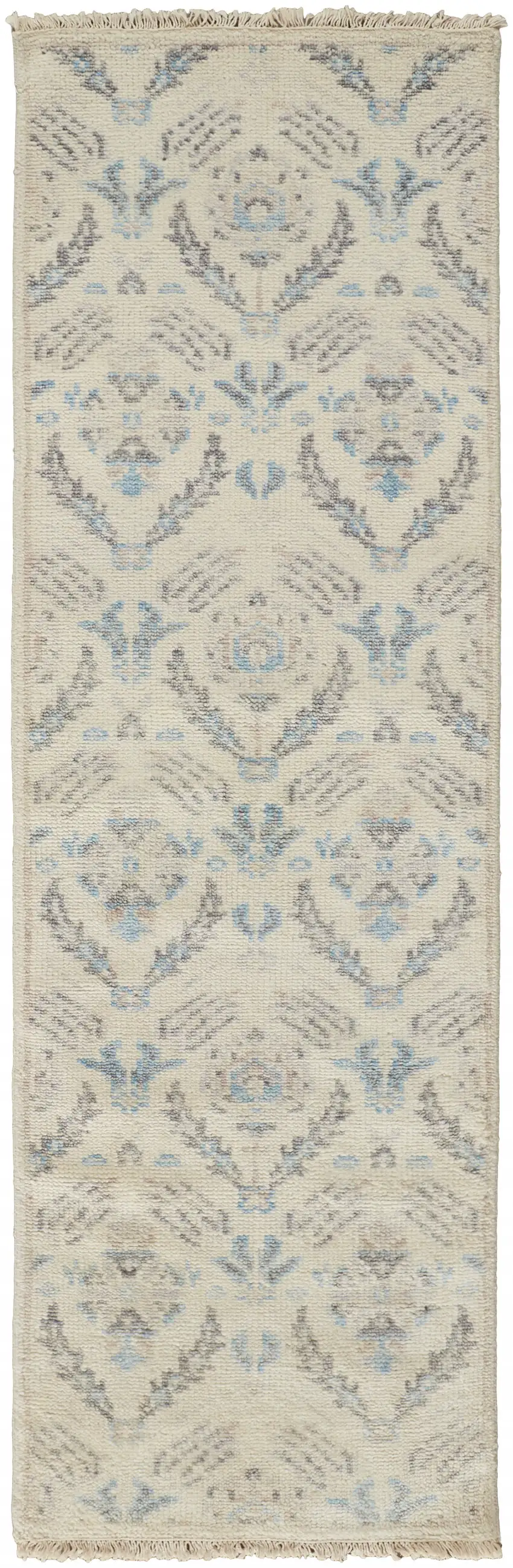 8' Ivory Gray And Blue Wool Floral Hand Knotted Stain Resistant Runner Rug Photo 1