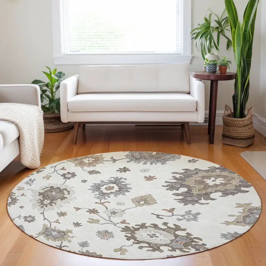 8' Ivory Gray And Brown Floral Medallion Washable Round Rug With UV Protection Photo 5
