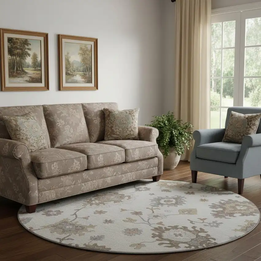 8' Ivory Gray And Brown Floral Medallion Washable Round Rug With UV Protection Photo 1