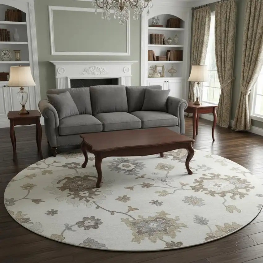 8' Ivory Gray And Brown Floral Medallion Washable Round Rug With UV Protection Photo 2