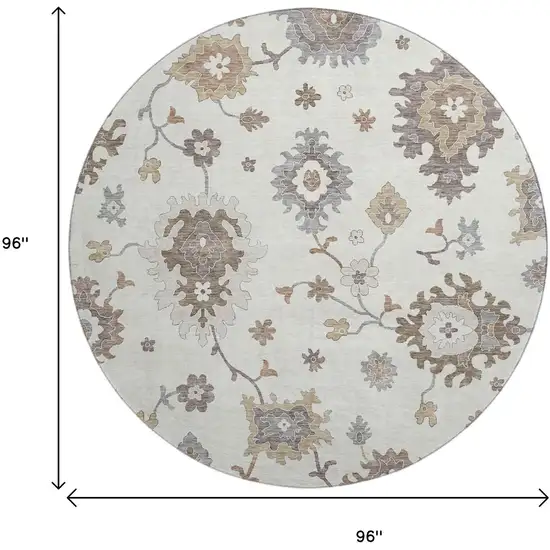 8' Ivory Gray And Brown Floral Medallion Washable Round Rug With UV Protection Photo 3