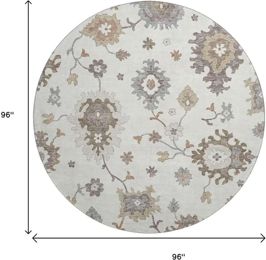 8' Ivory Gray And Brown Floral Medallion Washable Round Rug With UV Protection Photo 3