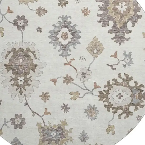 8' Ivory Gray And Brown Floral Medallion Washable Round Rug With UV Protection Photo 3