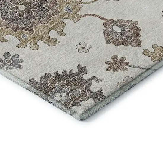 8' Ivory Gray And Brown Floral Medallion Washable Round Rug With UV Protection Photo 7