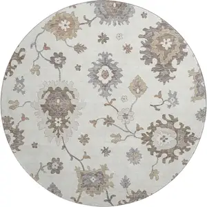 Photo of 8' Ivory Gray And Brown Floral Medallion Washable Round Rug With UV Protection