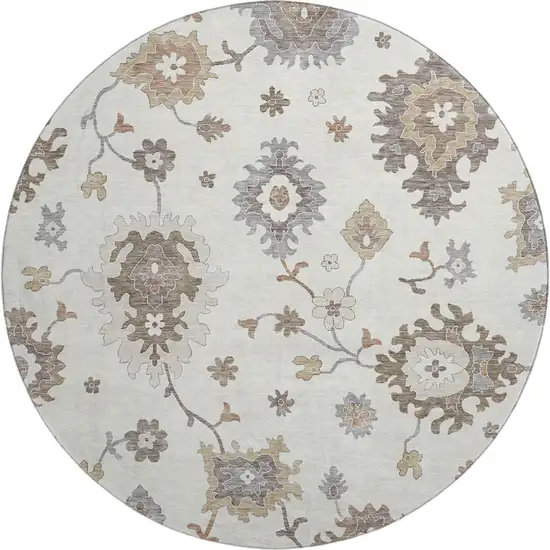 8' Ivory Gray And Brown Floral Medallion Washable Round Rug With UV Protection Photo 1