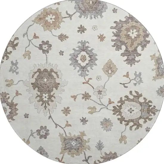 8' Ivory Gray And Brown Floral Medallion Washable Round Rug With UV Protection Photo 4