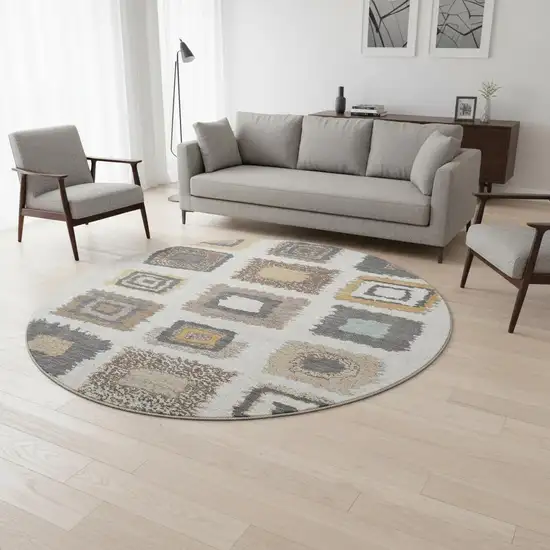 8' Ivory Gray And Brown Geometric Washable Round Rug With UV Protection Photo 2