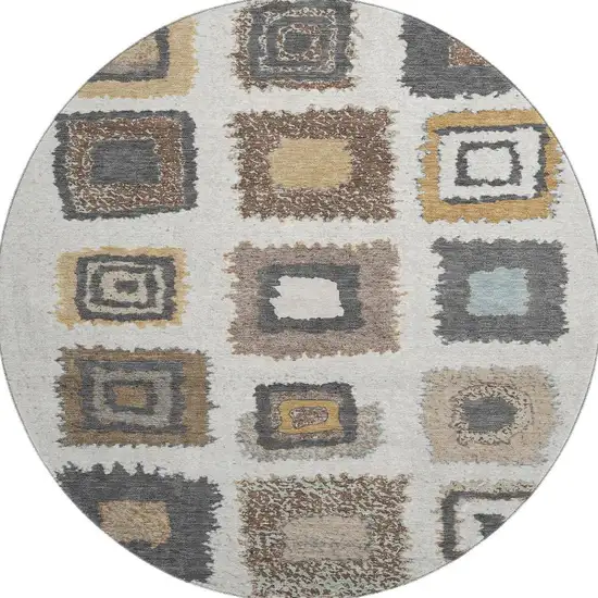 8' Ivory Gray And Brown Geometric Washable Round Rug With UV Protection Photo 3