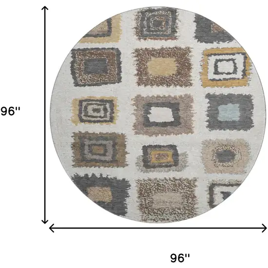 8' Ivory Gray And Brown Geometric Washable Round Rug With UV Protection Photo 9