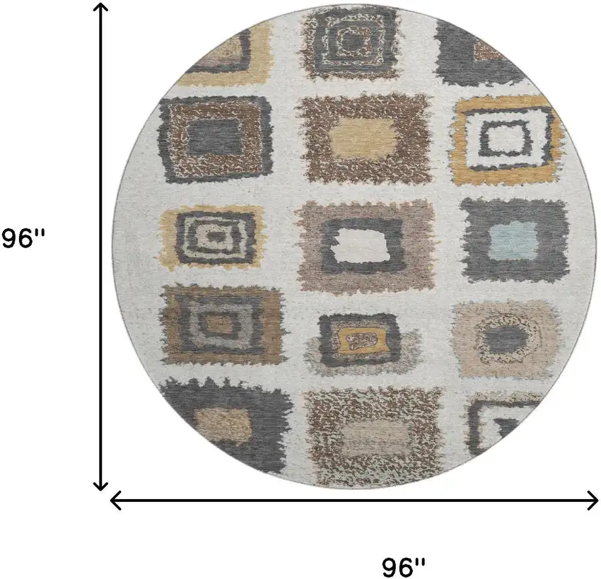 8' Ivory Gray And Brown Geometric Washable Round Rug With UV Protection Photo 9