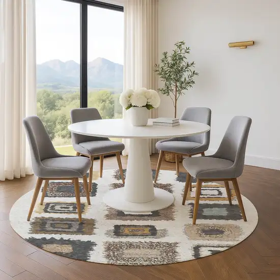 8' Ivory Gray And Brown Geometric Washable Round Rug With UV Protection Photo 4