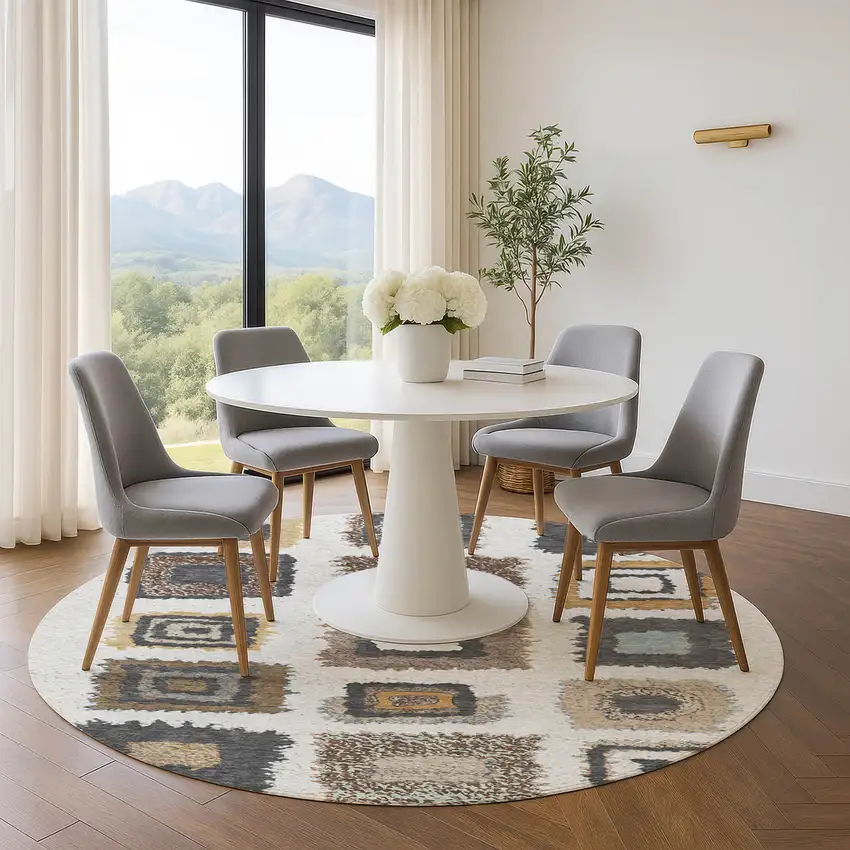 8' Ivory Gray And Brown Geometric Washable Round Rug With UV Protection Photo 4