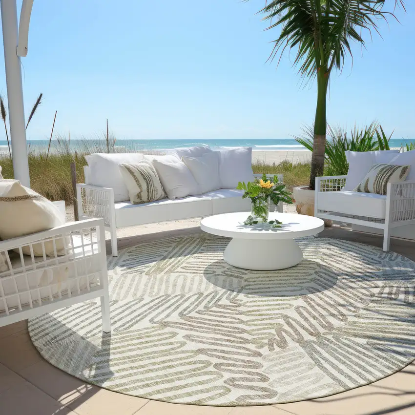 8' Ivory Gray And Brown Round Floral Washable Indoor Outdoor Area Rug Photo 7