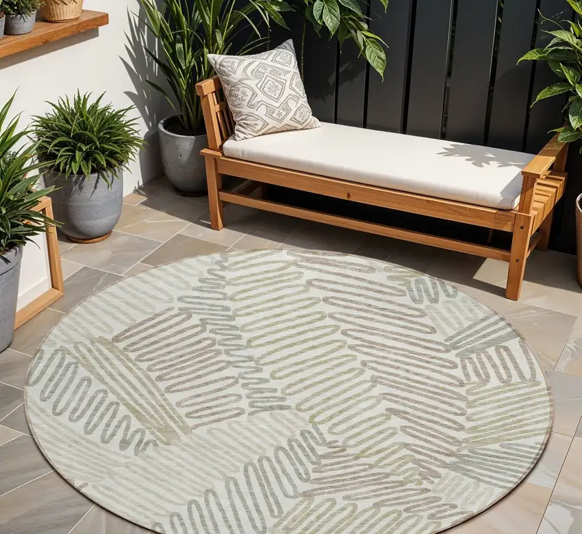 8' Ivory Gray And Brown Round Floral Washable Indoor Outdoor Area Rug Photo 1