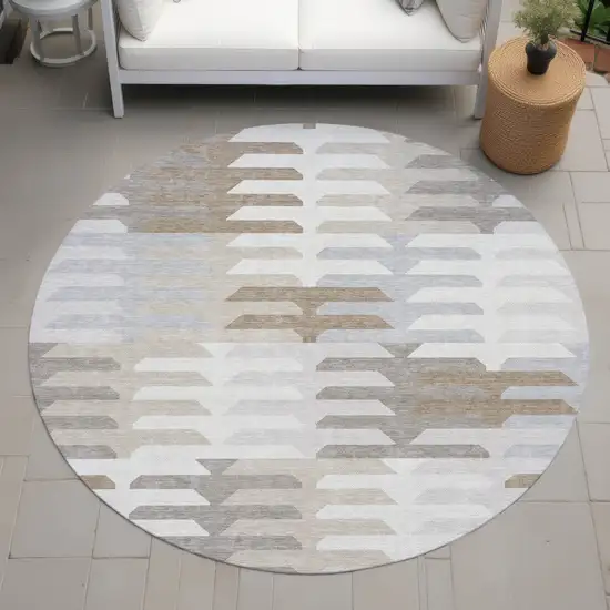 8' Ivory Gray And Brown Round Geometric Washable Indoor Outdoor Area Rug Photo 7