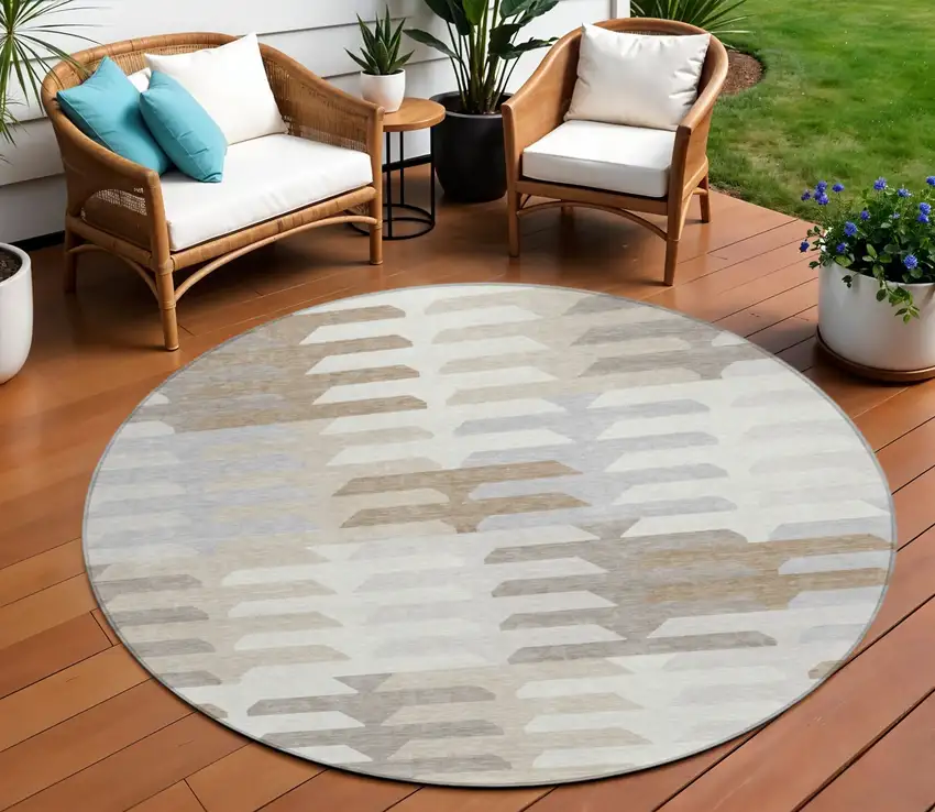 8' Ivory Gray And Brown Round Geometric Washable Indoor Outdoor Area Rug Photo 1