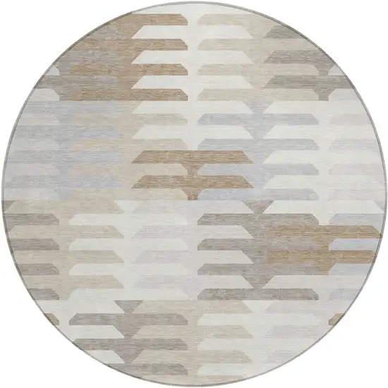 8' Ivory Gray And Brown Round Geometric Washable Indoor Outdoor Area Rug Photo 2