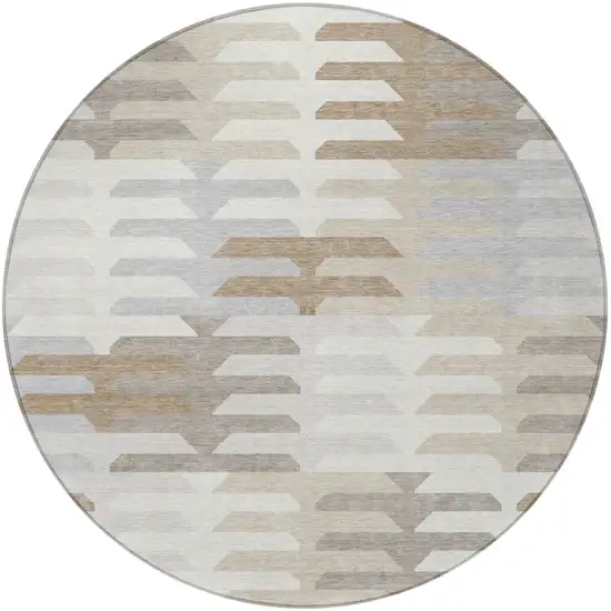 8' Ivory Gray And Brown Round Geometric Washable Indoor Outdoor Area Rug Photo 5