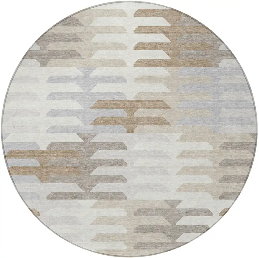 8' Ivory Gray And Brown Round Geometric Washable Indoor Outdoor Area Rug Photo 5