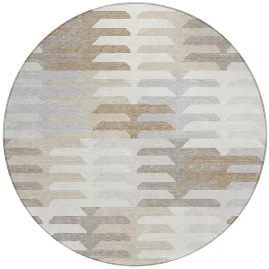 8' Ivory Gray And Brown Round Geometric Washable Indoor Outdoor Area Rug Photo 4