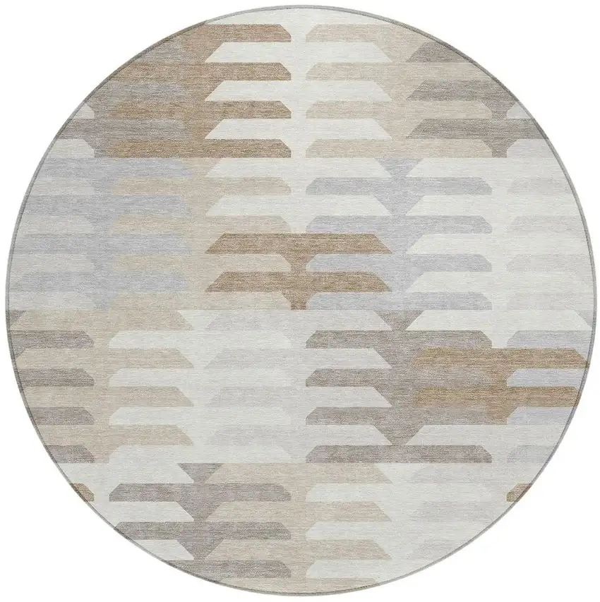 8' Ivory Gray And Brown Round Geometric Washable Indoor Outdoor Area Rug Photo 4