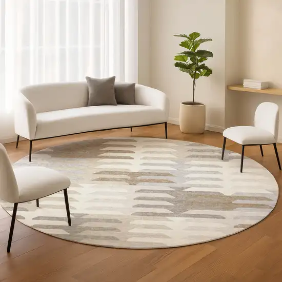 8' Ivory Gray And Brown Round Geometric Washable Indoor Outdoor Area Rug Photo 9