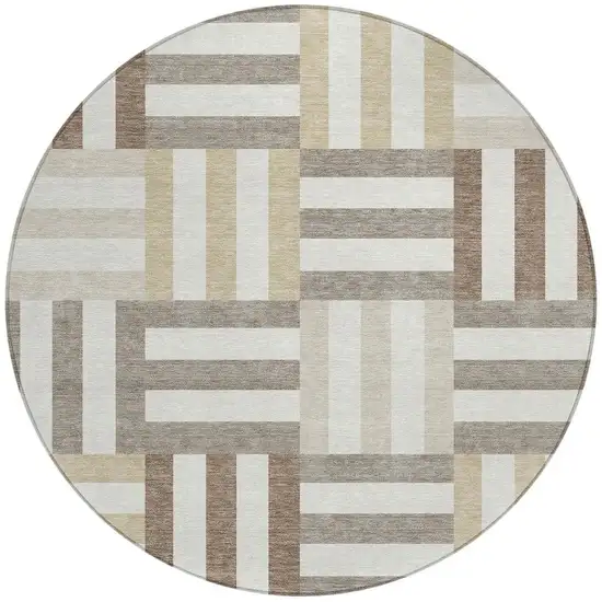 8' Ivory Gray And Brown Round Geometric Washable Indoor Outdoor Area Rug Photo 4