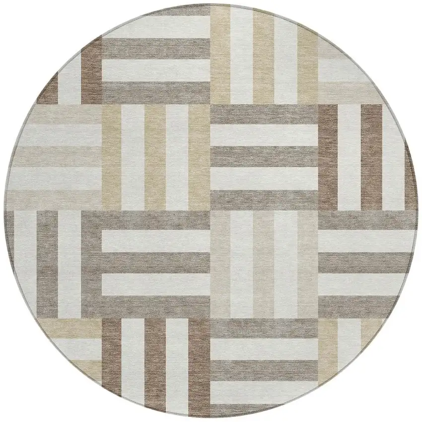 8' Ivory Gray And Brown Round Geometric Washable Indoor Outdoor Area Rug Photo 4