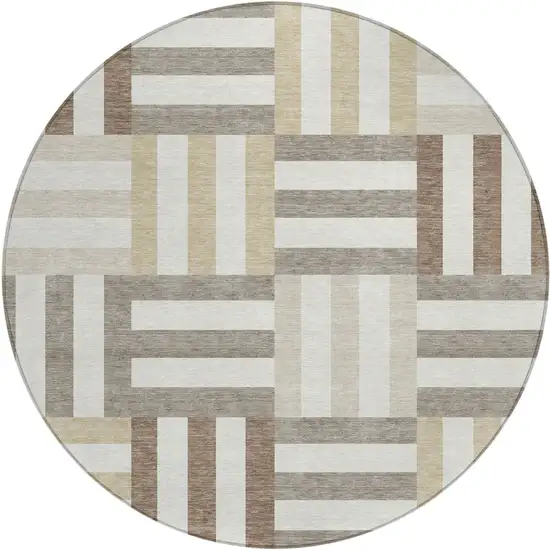 8' Ivory Gray And Brown Round Geometric Washable Indoor Outdoor Area Rug Photo 2