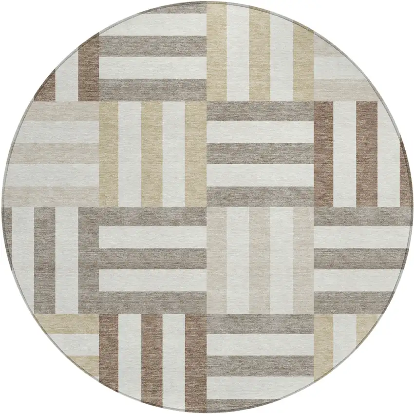 8' Ivory Gray And Brown Round Geometric Washable Indoor Outdoor Area Rug Photo 2