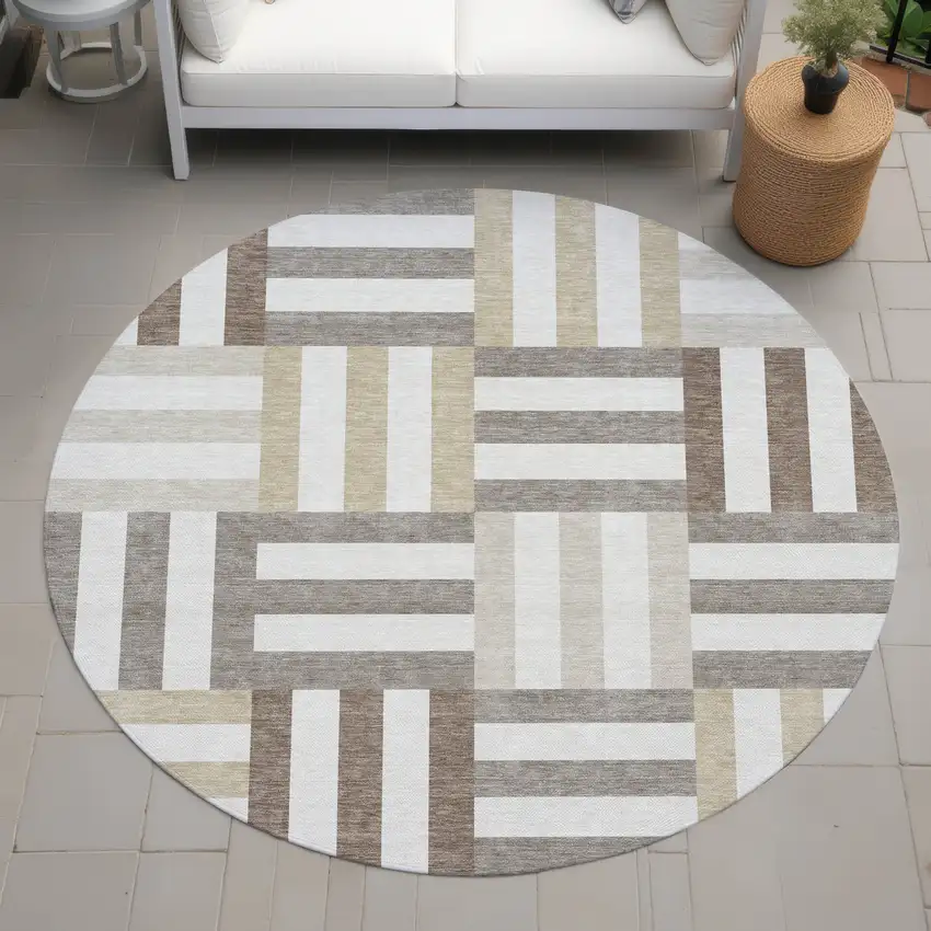 8' Ivory Gray And Brown Round Geometric Washable Indoor Outdoor Area Rug Photo 7
