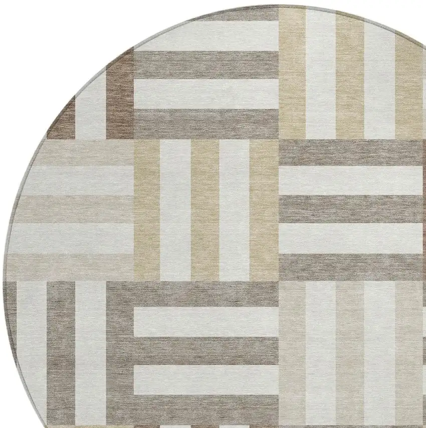 8' Ivory Gray And Brown Round Geometric Washable Indoor Outdoor Area Rug Photo 6