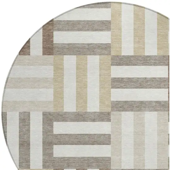 8' Ivory Gray And Brown Round Geometric Washable Indoor Outdoor Area Rug Photo 6