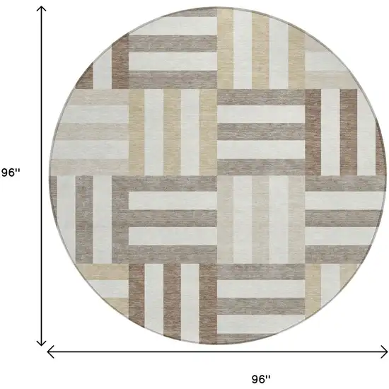 8' Ivory Gray And Brown Round Geometric Washable Indoor Outdoor Area Rug Photo 3