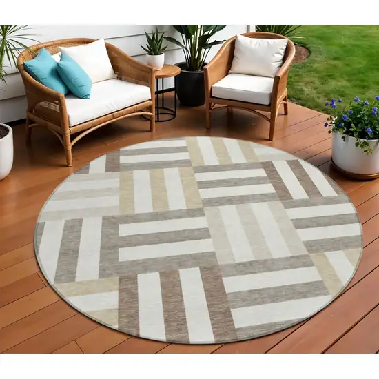 8' Ivory Gray And Brown Round Geometric Washable Indoor Outdoor Area Rug Photo 1