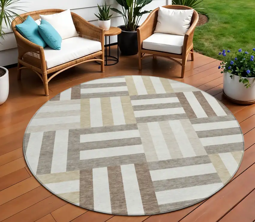 8' Ivory Gray And Brown Round Geometric Washable Indoor Outdoor Area Rug Photo 1