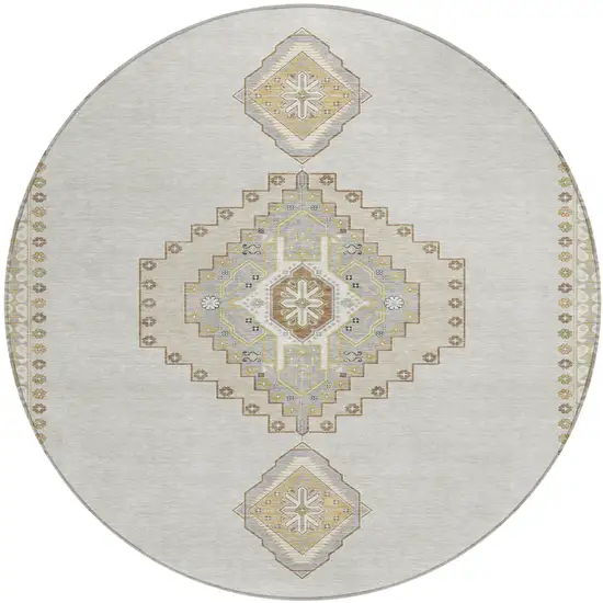 8' Ivory Gray And Brown Round Oriental Washable Indoor Outdoor Area Rug Photo 2