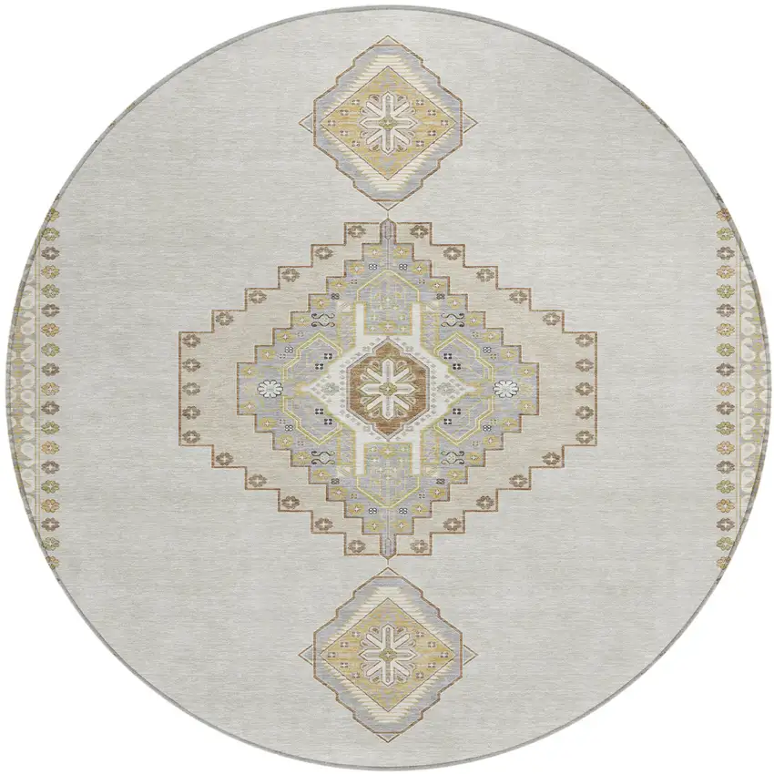 8' Ivory Gray And Brown Round Oriental Washable Indoor Outdoor Area Rug Photo 2