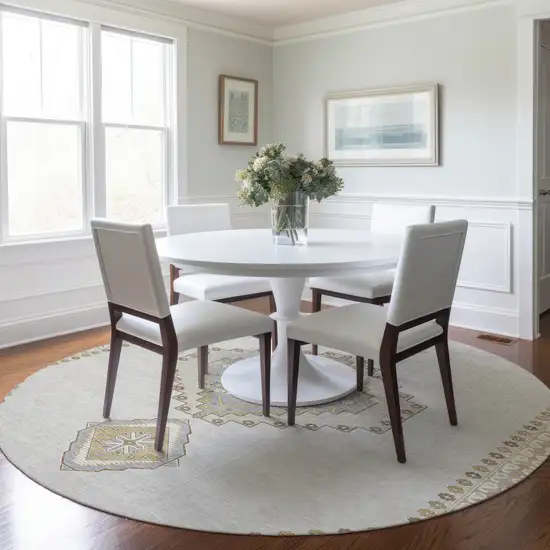 8' Ivory Gray And Brown Round Oriental Washable Indoor Outdoor Area Rug Photo 9