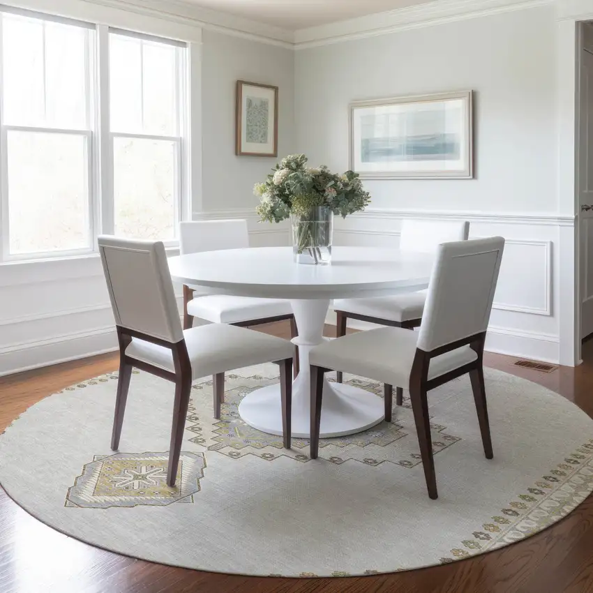 8' Ivory Gray And Brown Round Oriental Washable Indoor Outdoor Area Rug Photo 9