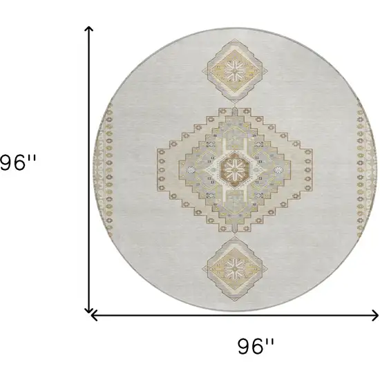 8' Ivory Gray And Brown Round Oriental Washable Indoor Outdoor Area Rug Photo 3